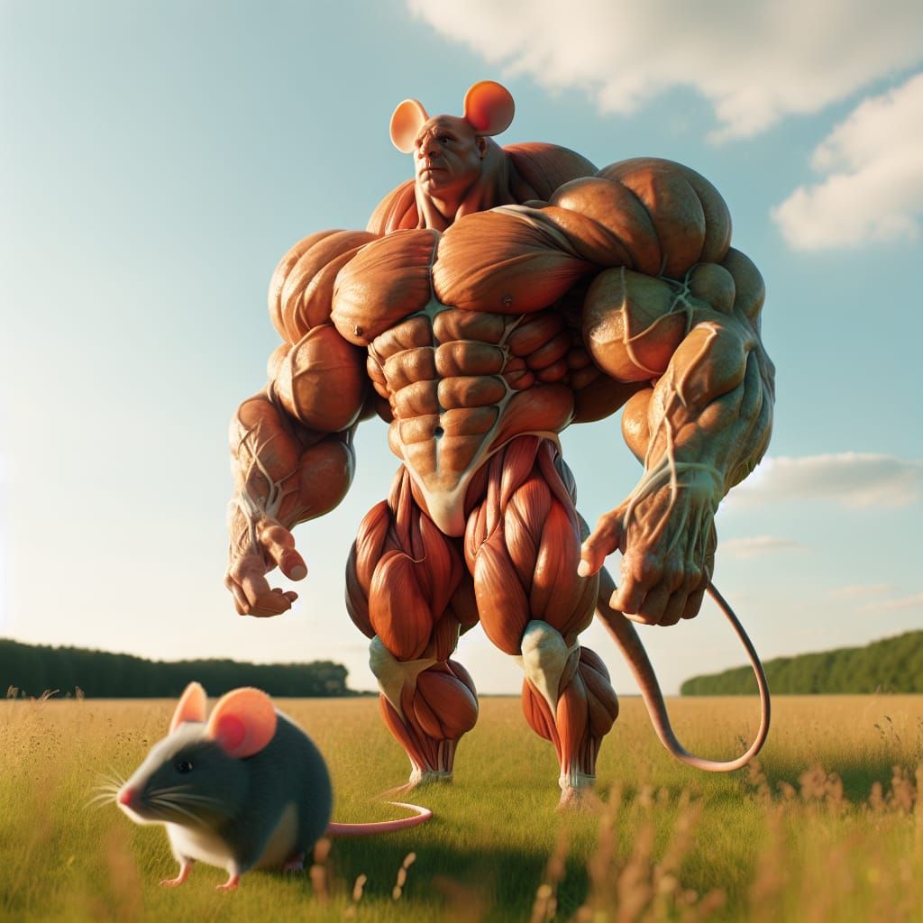 Muscular Human-Mouse Hybrid in Grassy Field
