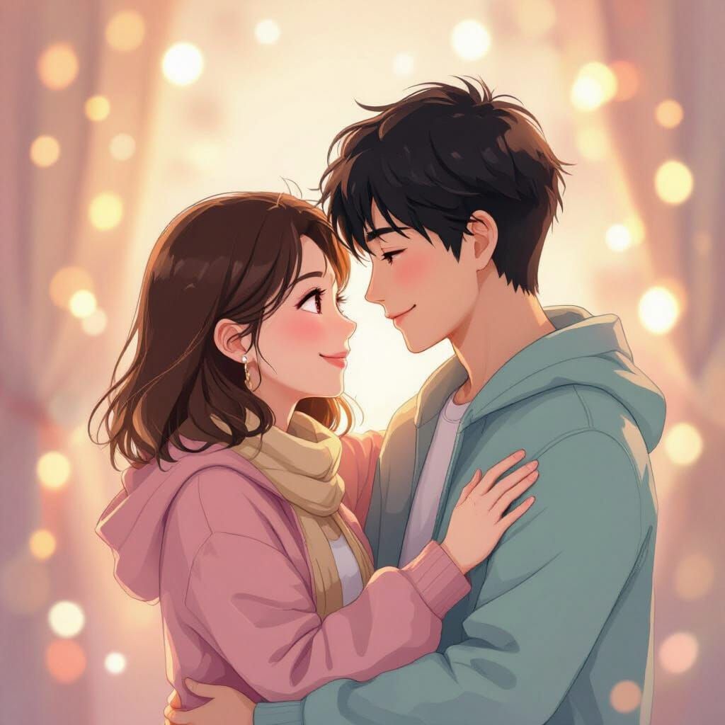 Cute Couple Embracing in a Whimsical Digital Art Style