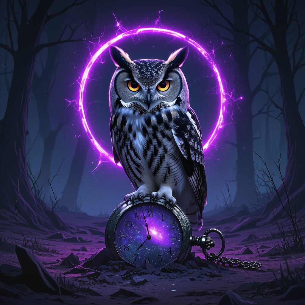 Mystical Owl on Broken Watch in Cyber-Gothic Style