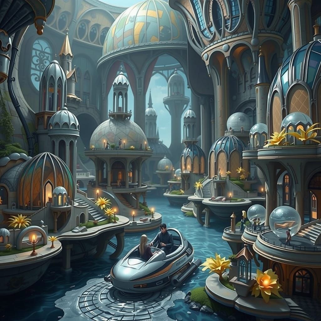 Cyberpunk Cityscape with Crystal Dome and Gothic Tower