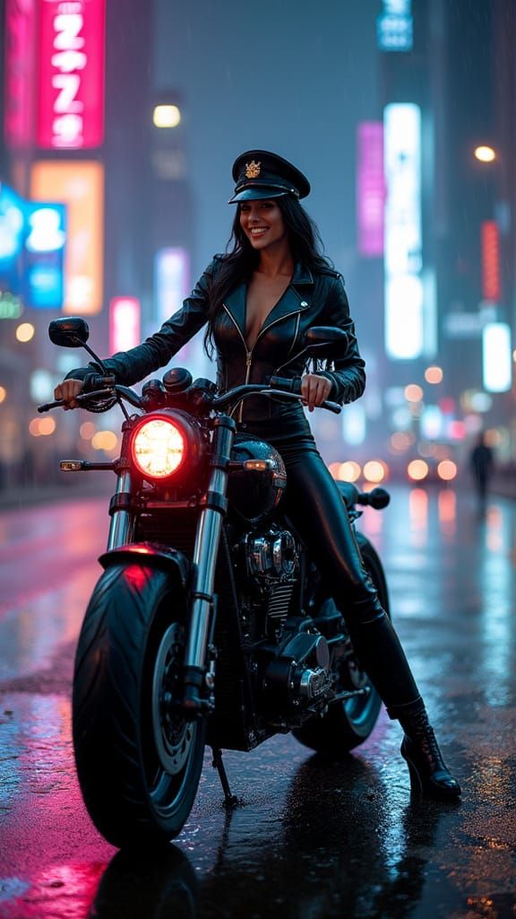 Cyberpunk Cop in Futuristic Police Bike