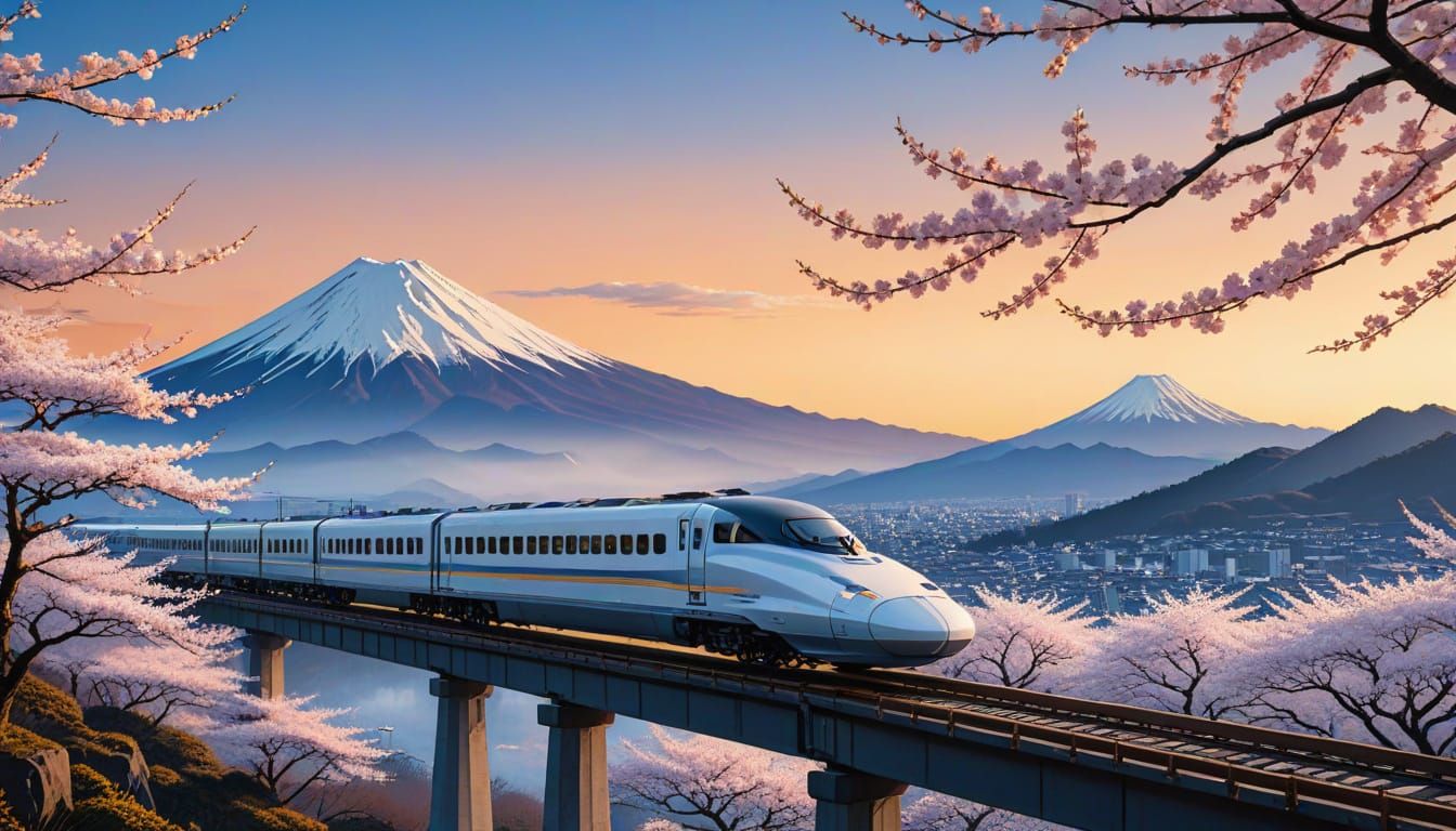 Vibrant Shinkansen Speeds Past Fuji in a Japanese Woodblock ...