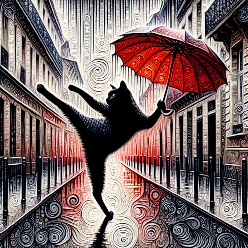 Elegant Cat Tap Dance in Rainy Paris, as Impasto Painting