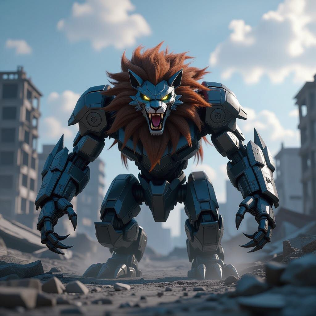Mechanical Lion Roaring in Ruined Cityscape