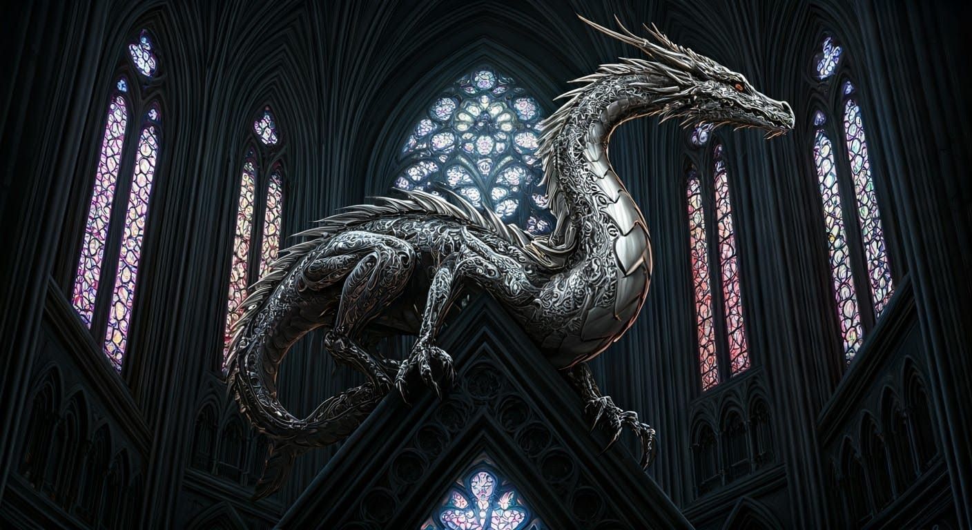 Surreal Gothic Cathedral Dragon in Ethereal Light