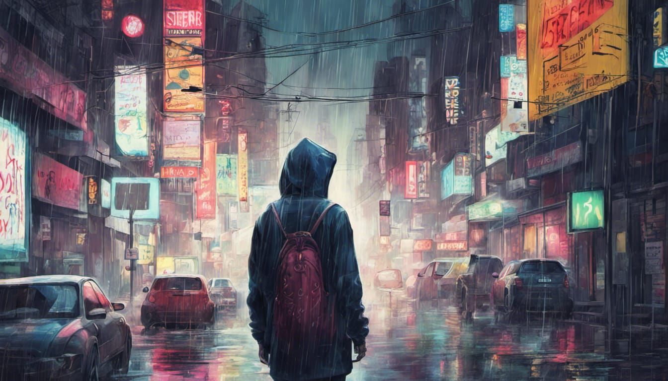 Hacker in Neon Rain: Synthwave Digital Art