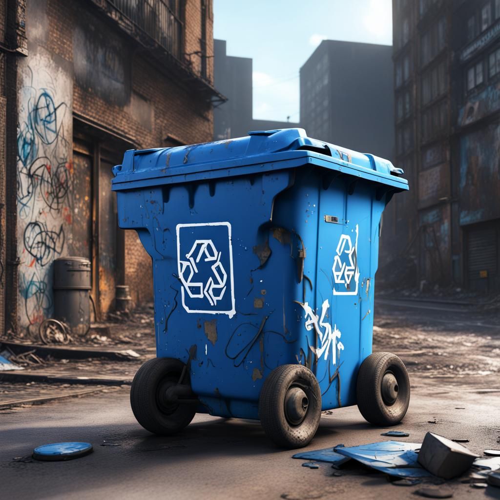 Dystopian Blue Wheely Bin Graffiti Art