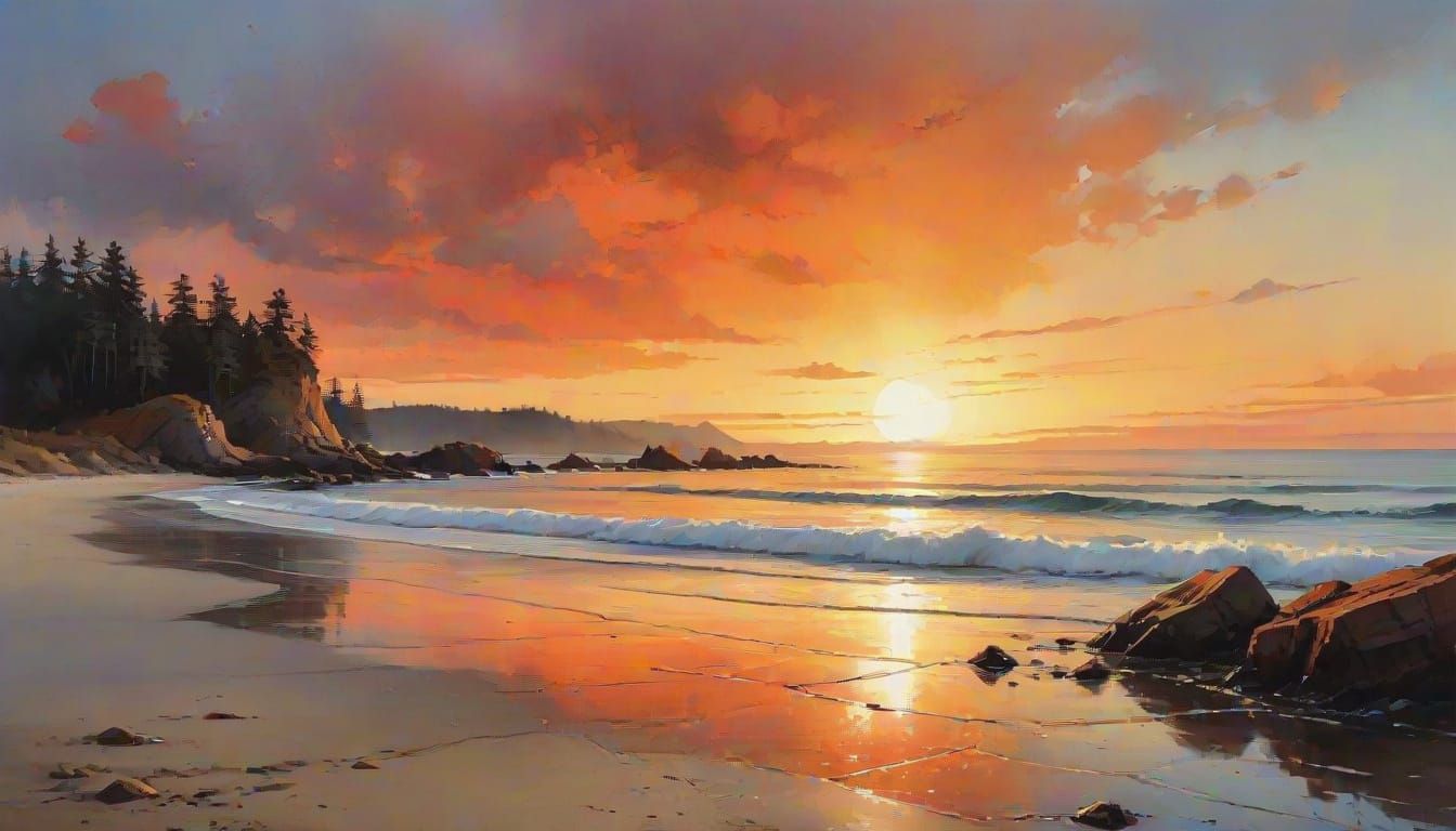 Vibrant Sunset Beach Scene in Sumi-E Style