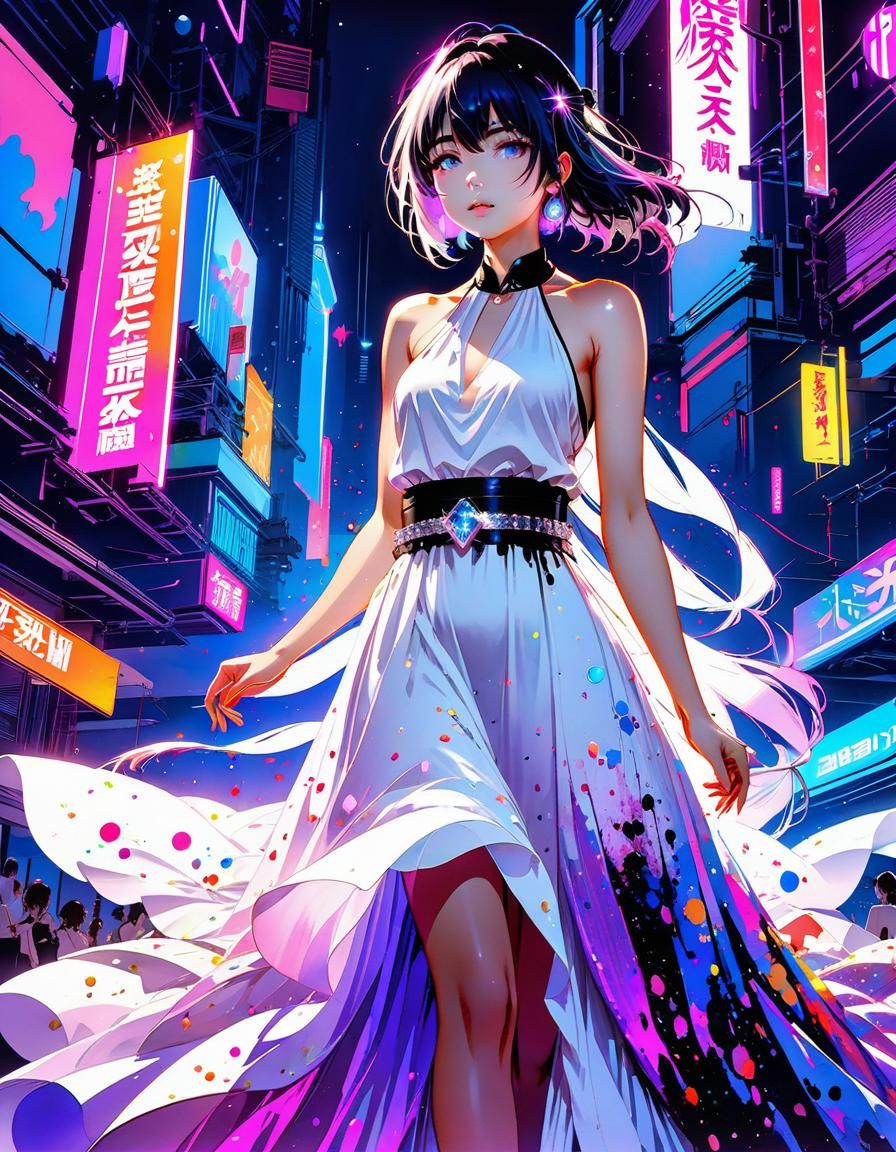 Neon Lit Figure in Flowing White Dress