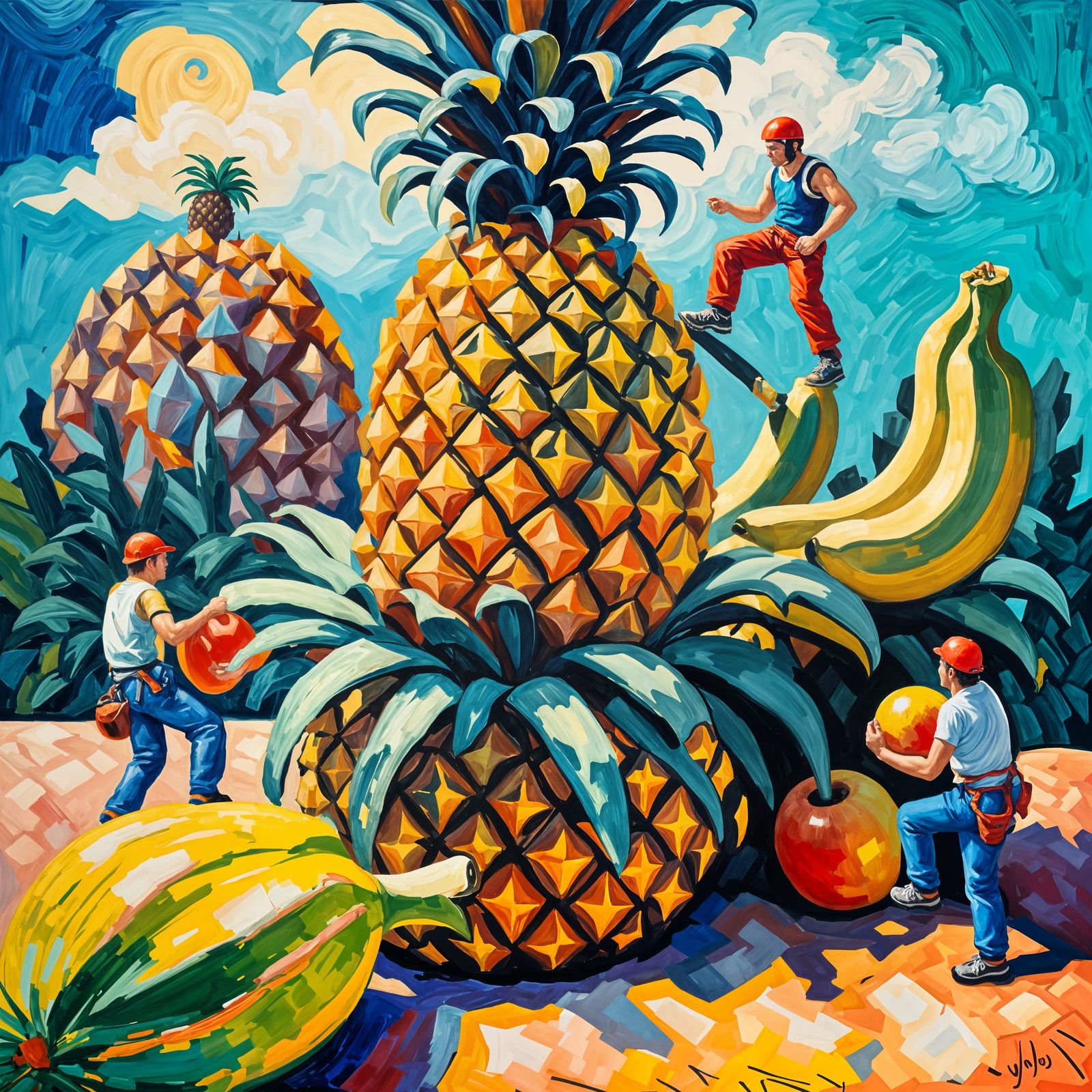 Miniature Climbers Conquer Giant Pineapple, Expressionist Im...
