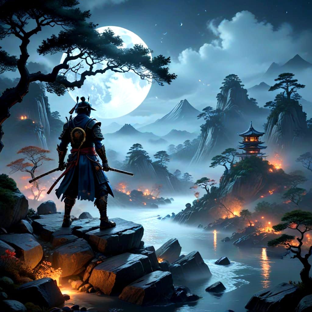 Samurai on Misty Cliff: Japanese Ink Wash Painting