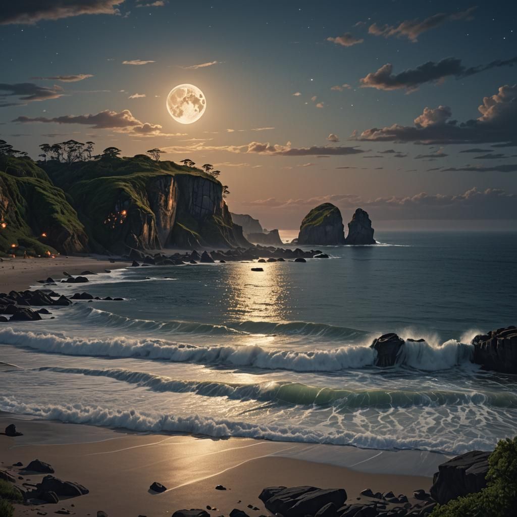 Full Moon Rising Over Dramatic Beach Landscape