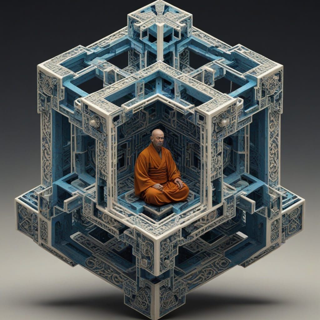 Fractal Hypercube Merging in Escher-Inspired Perspective