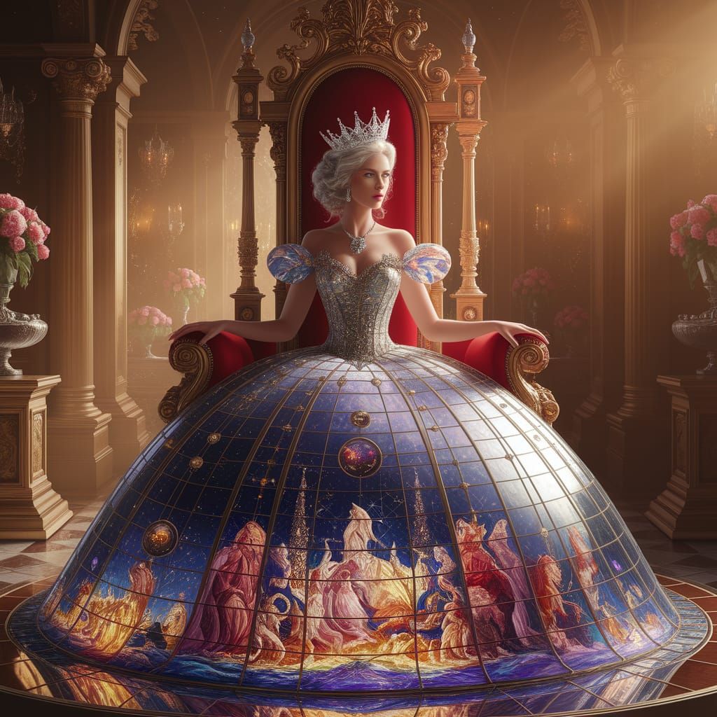 Regal Queen in Stained Glass Gown in Golden Light