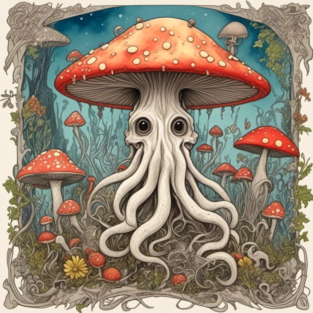 Monstrous Squid Eats Fairy Under Toadstool