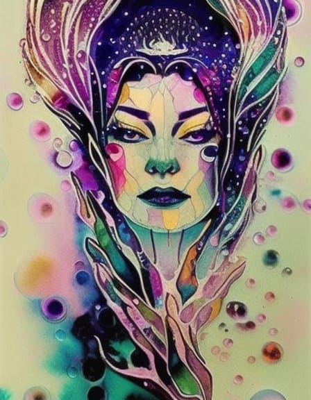 Evil Queen Portrait with Magic Mirror, Watercolor Style