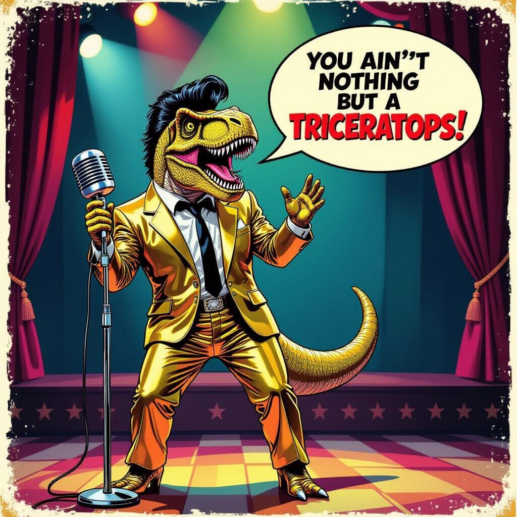 T-Rex as Elvis on Stage in Crumb Style