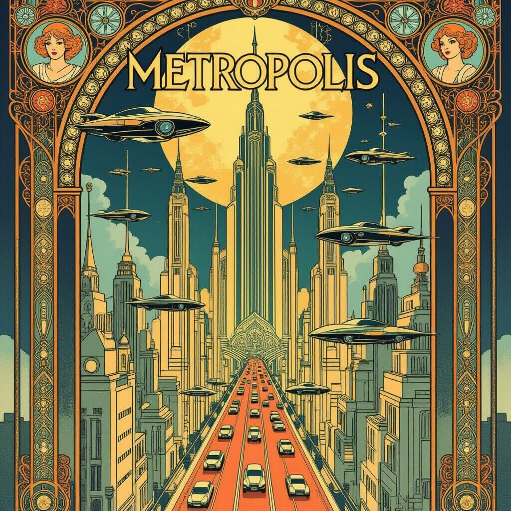 Art Deco Metropolis Poster with Flying Cars