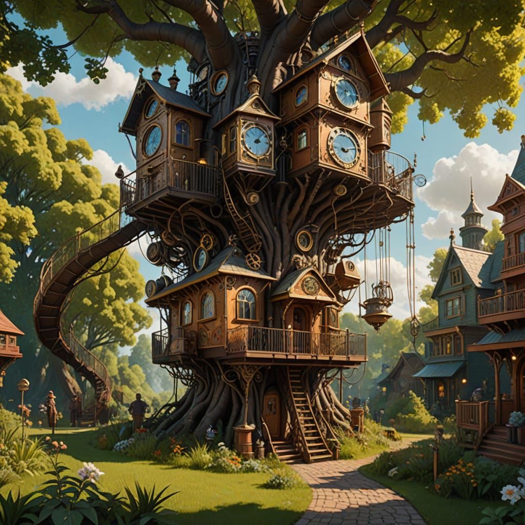 Vibrant Steampunk Treehouse in a Whimsical Garden Setting