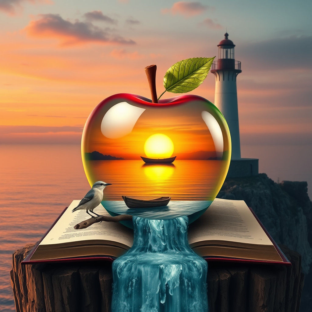 Bird, Apple, Boat, River, and Lighthouse Scene