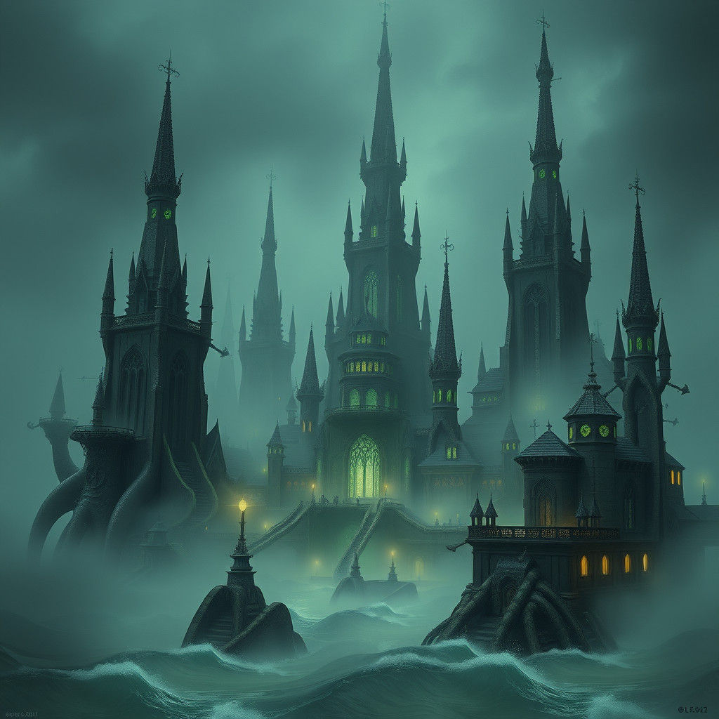 Mist-Shrouded Town of Twisted Architecture in Gothic Style