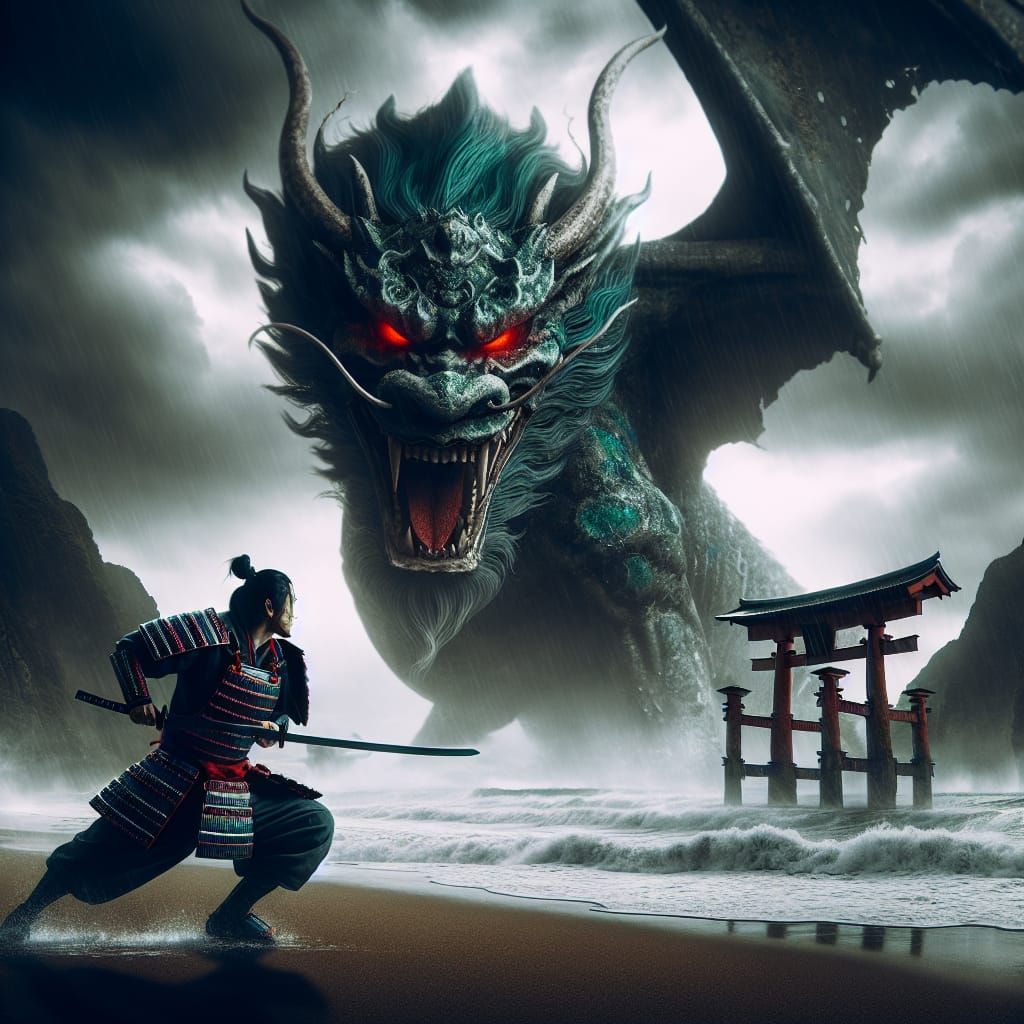 Samurai and Dragon Battle on Stormy Beach