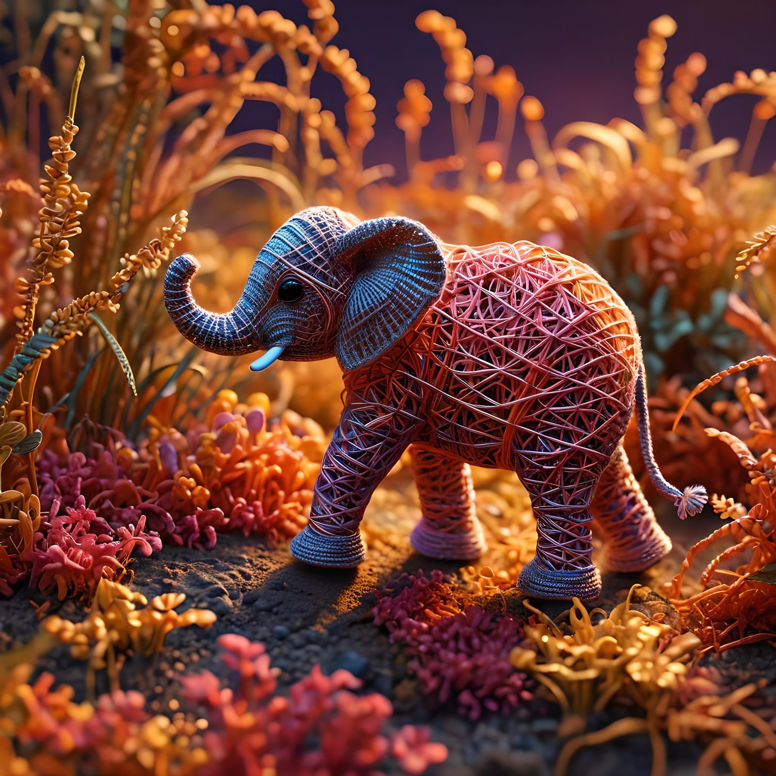 Crochet String Elephant on Savannah at Sunset