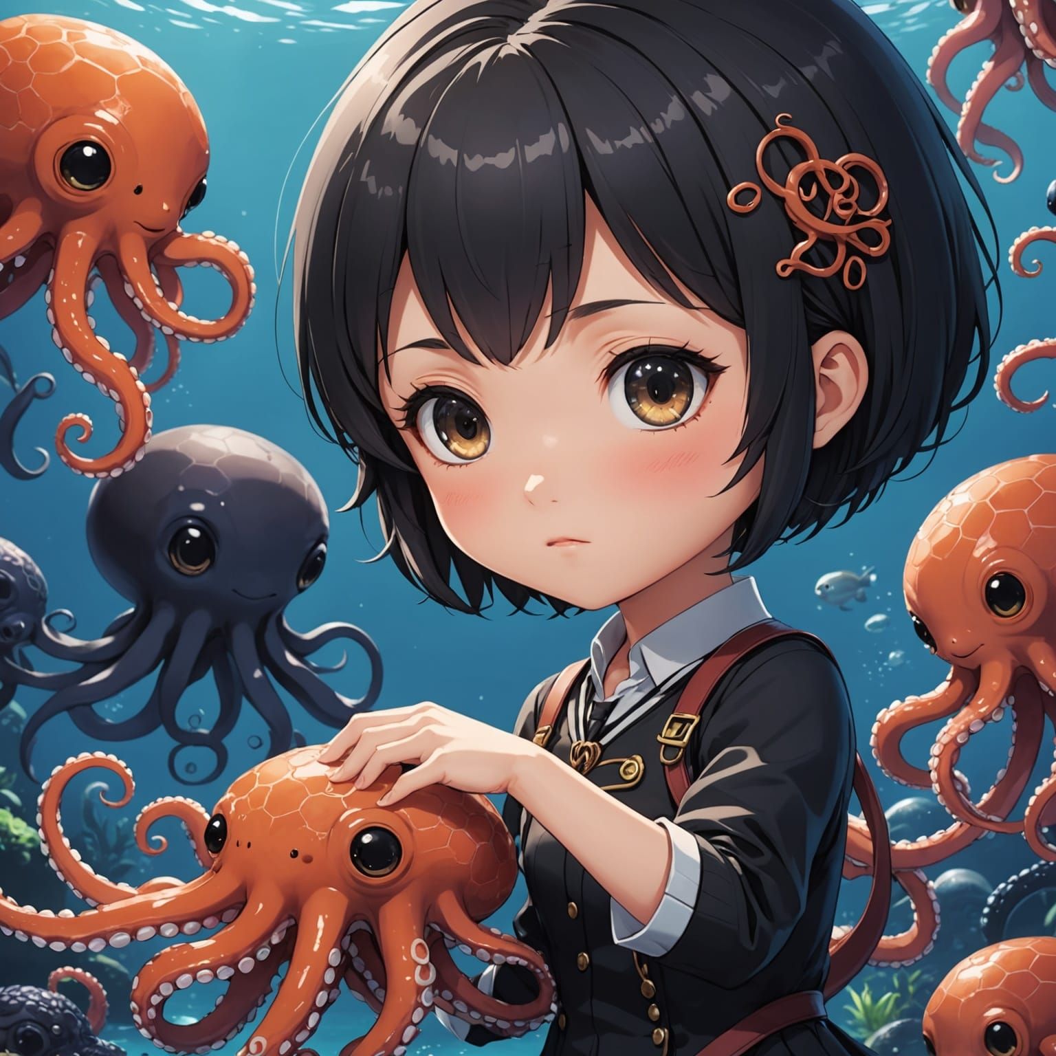Chibi Japanese Girl Petting an Octopus in Vibrant UHD HDR