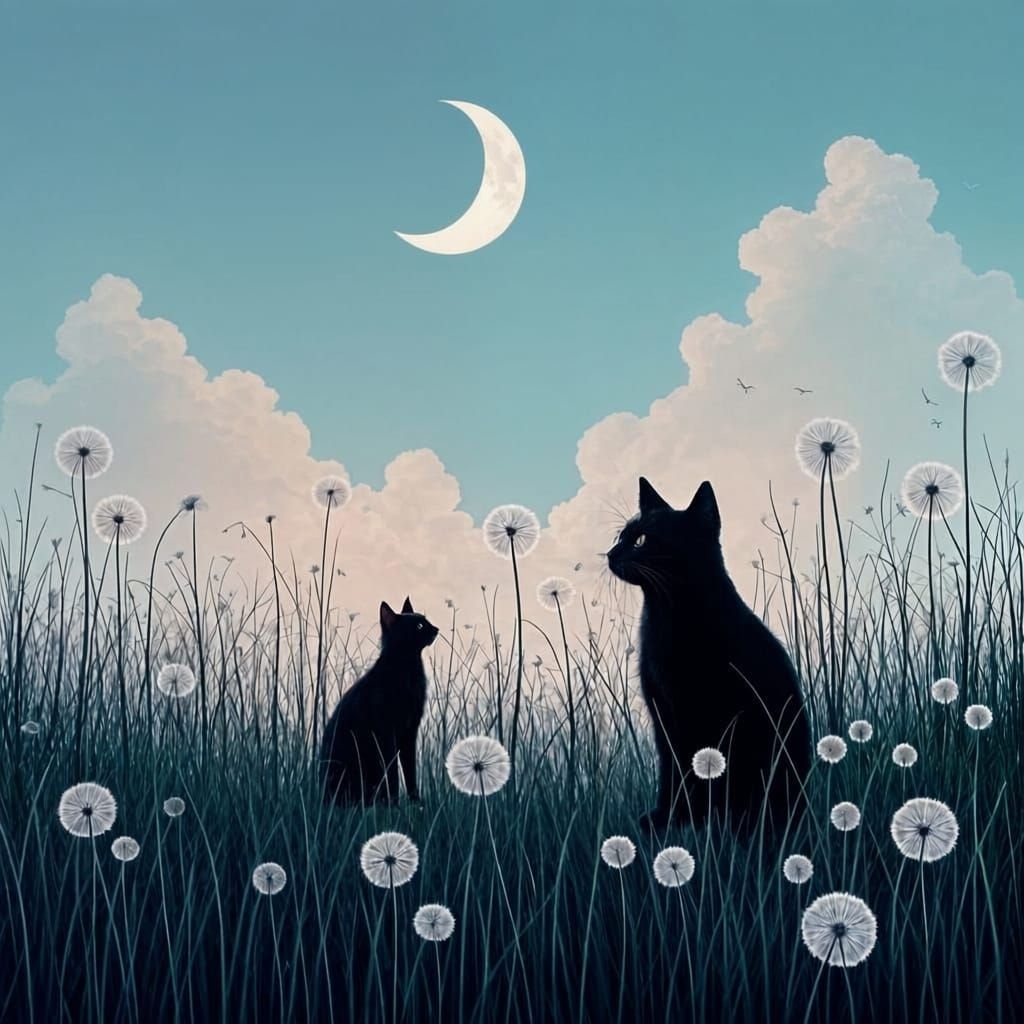 Two Black Cats Play in Dandelion Meadow at Dusk