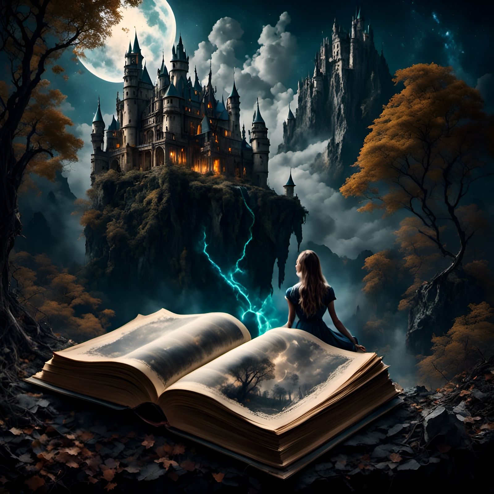 Beautiful Girl Before Ancient Book With Castle
