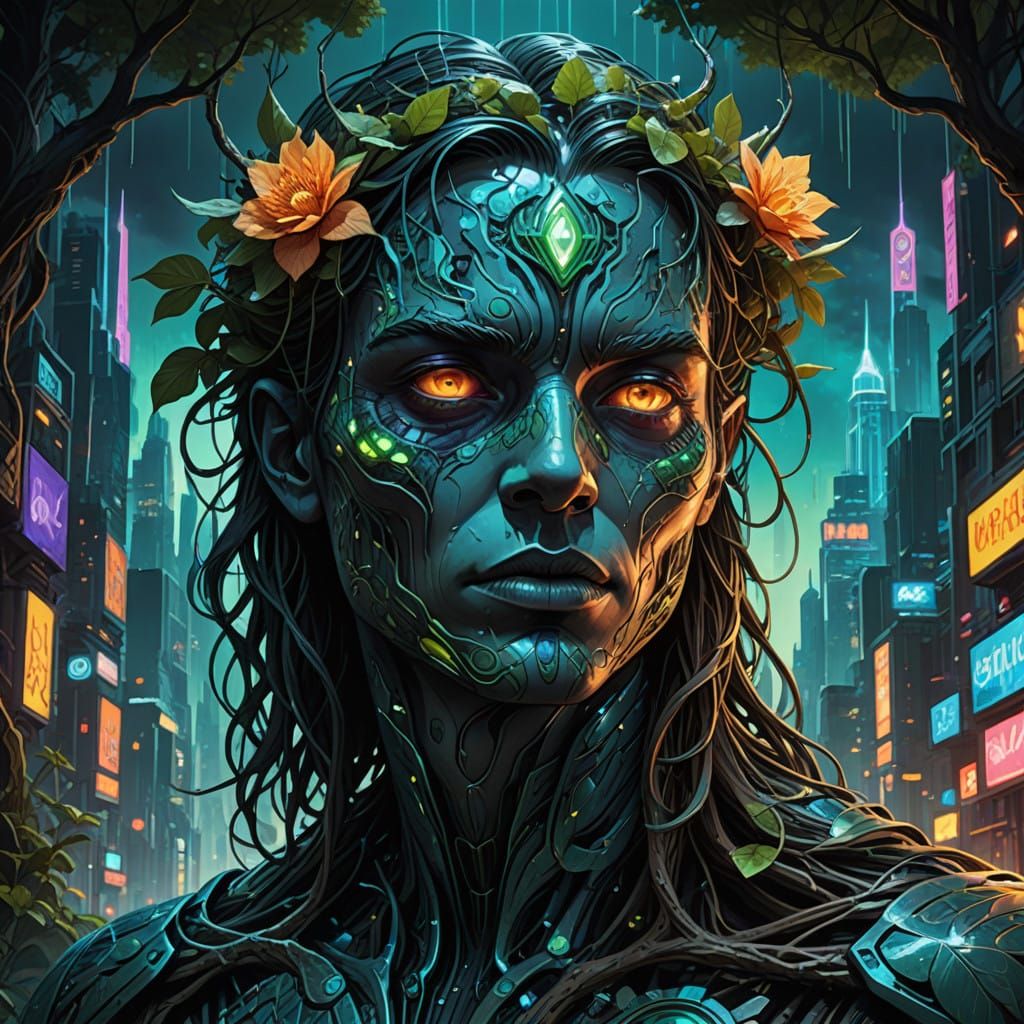 Symbiotic Harmony: Bio-Art Cyberpunk Portrait of Human-Natur...