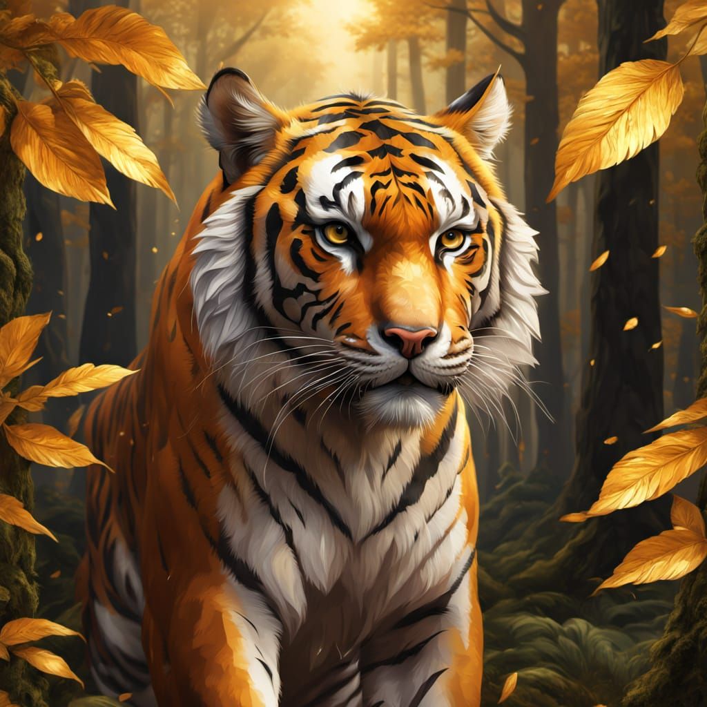Diamond Tiger in Golden Forest | Photorealistic Fantasy Art