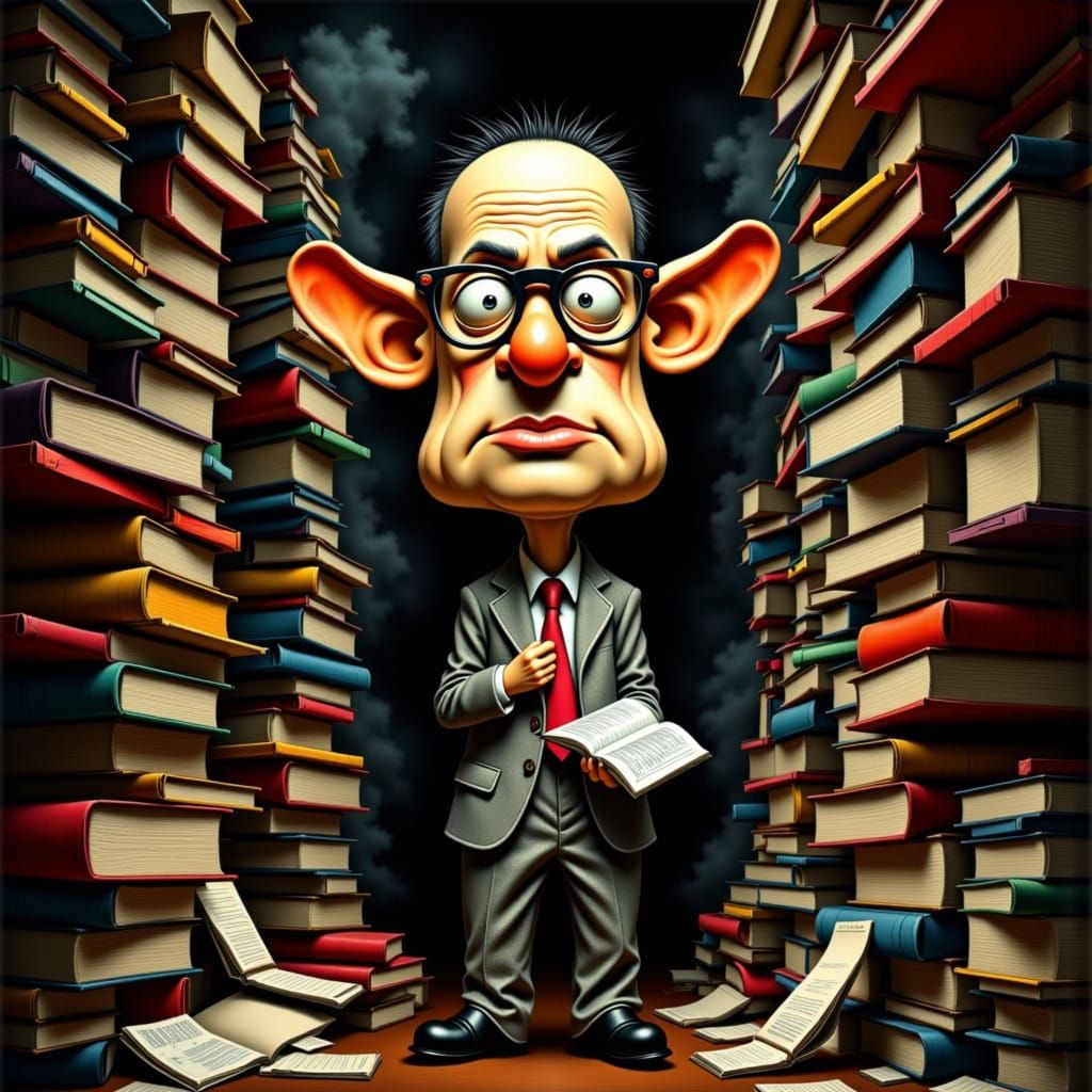 Caricature of Stern Librarian in Dusty Library