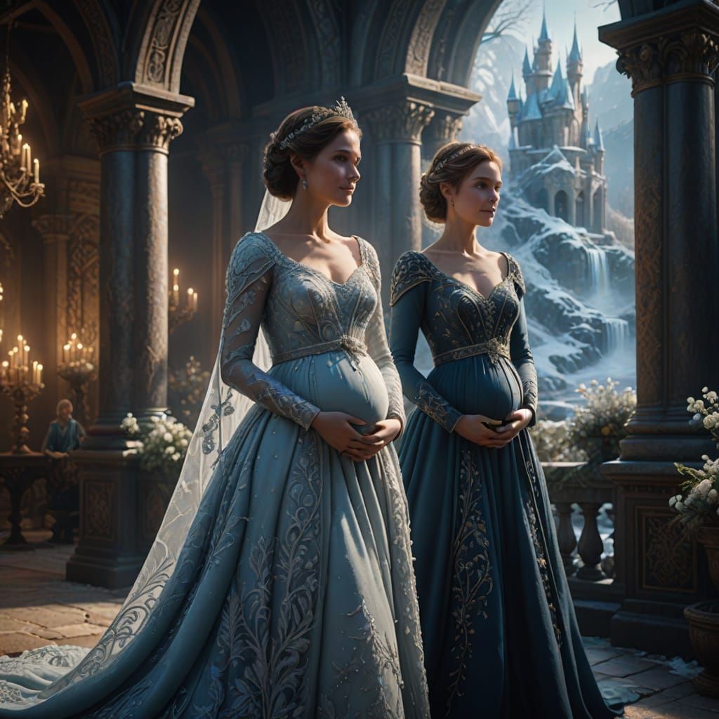Regal Pregnant Sisters in Frosty Fantasy Gowns