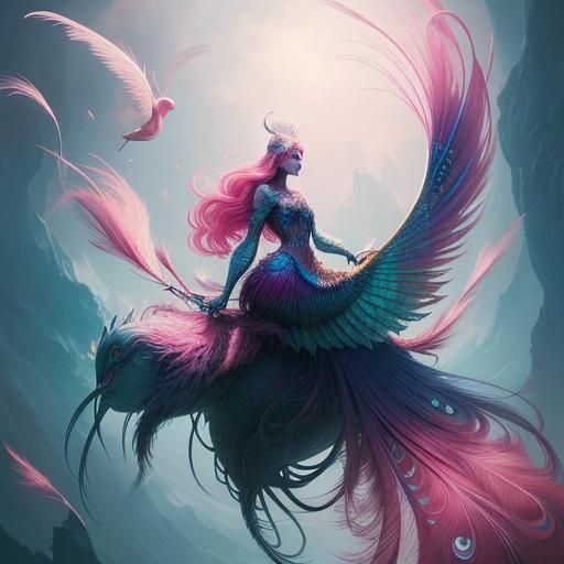 Surreal Woman and Mermaid with Peacock Feathers