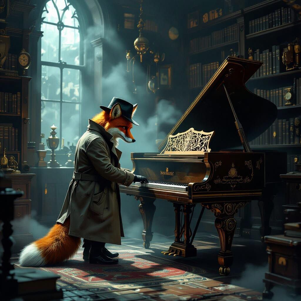 Fox Detective Investigates Ornate Piano in Foggy Victorian S...