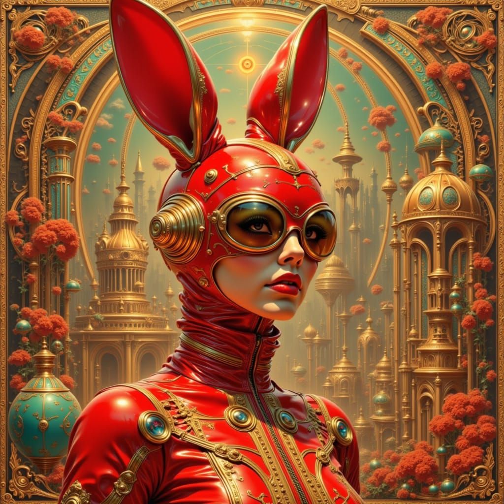 Retro-Futuristic Persian Tapestry with Space Queen Rabbit