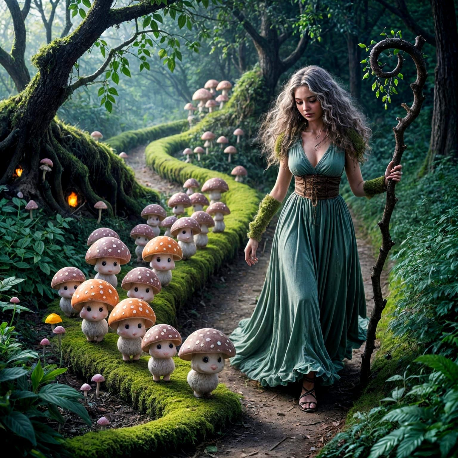 Enchanted Forest Shepherdess Guiding Mushroom Flock