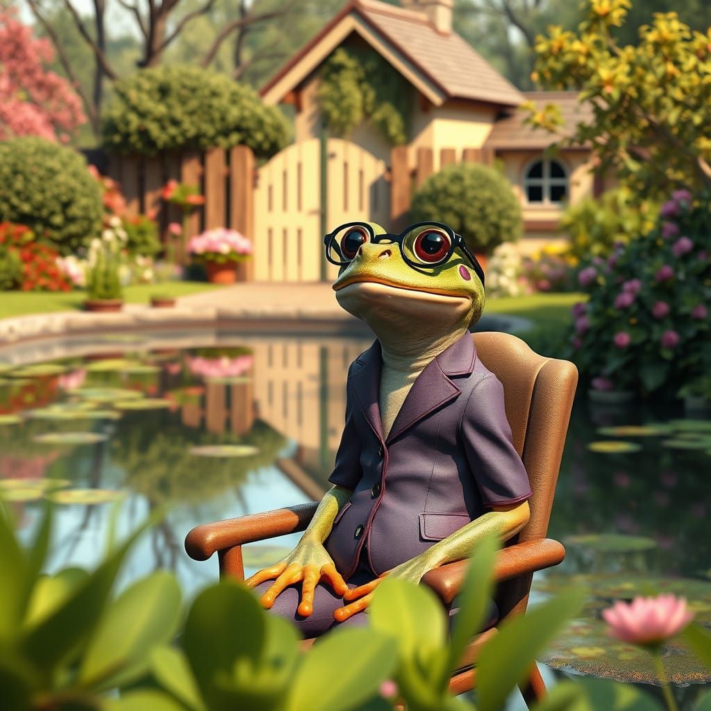 Elegant Summer Scene: Whimsical Frog in a Beautiful Park Par...