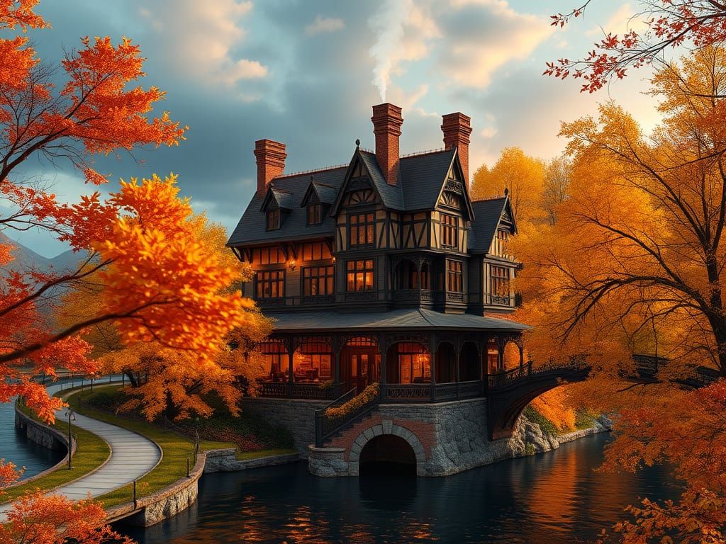 Elegant Victorian Coffee Shop Amidst Autumn Foliage