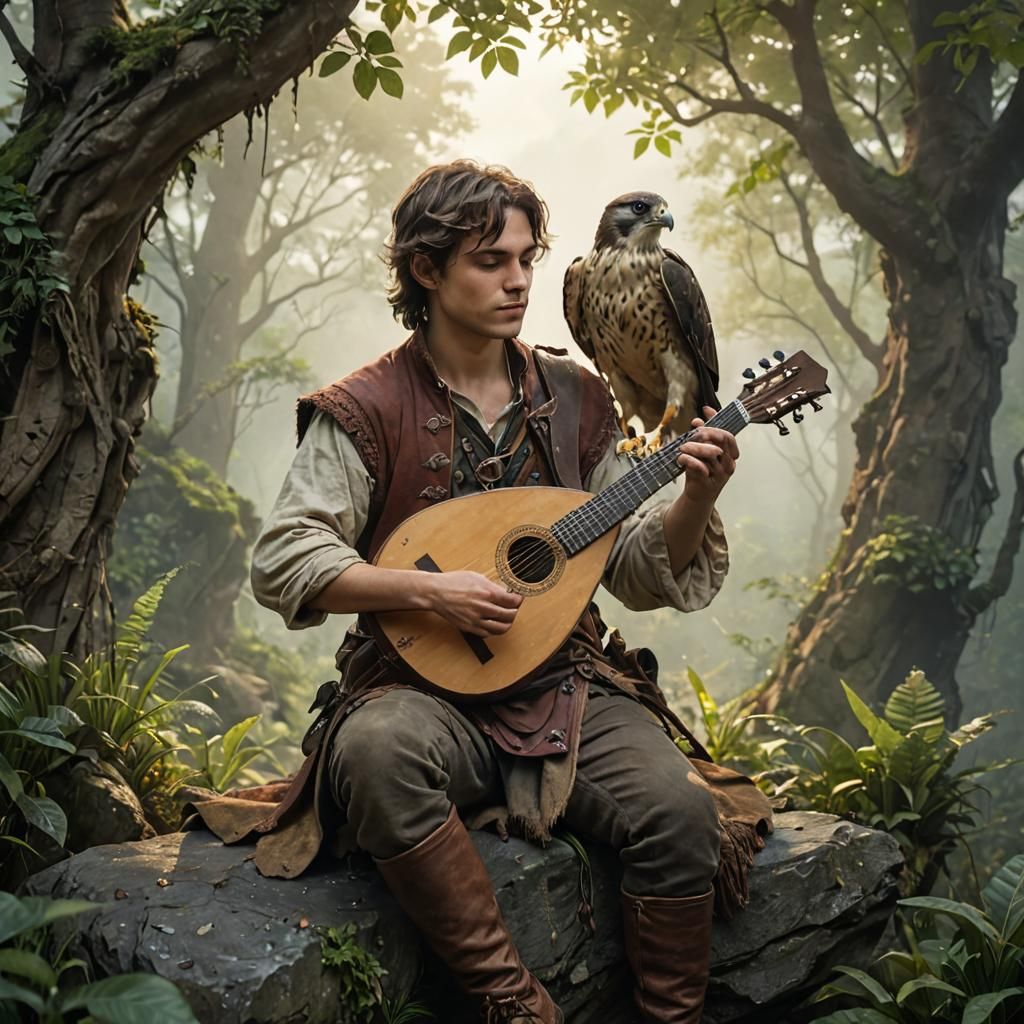 Hyperrealistic Bard with Lute in Misty Lowlands