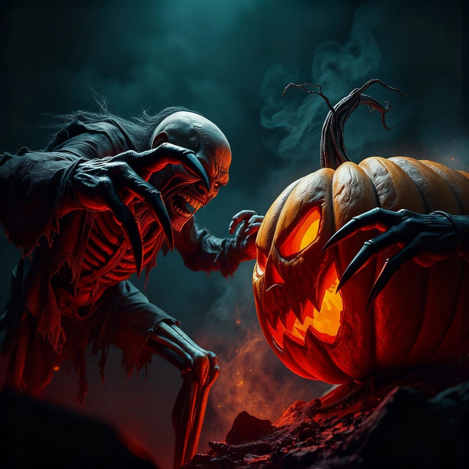 Majestic Zombie Battles Spooky Pumpkin With Claws
