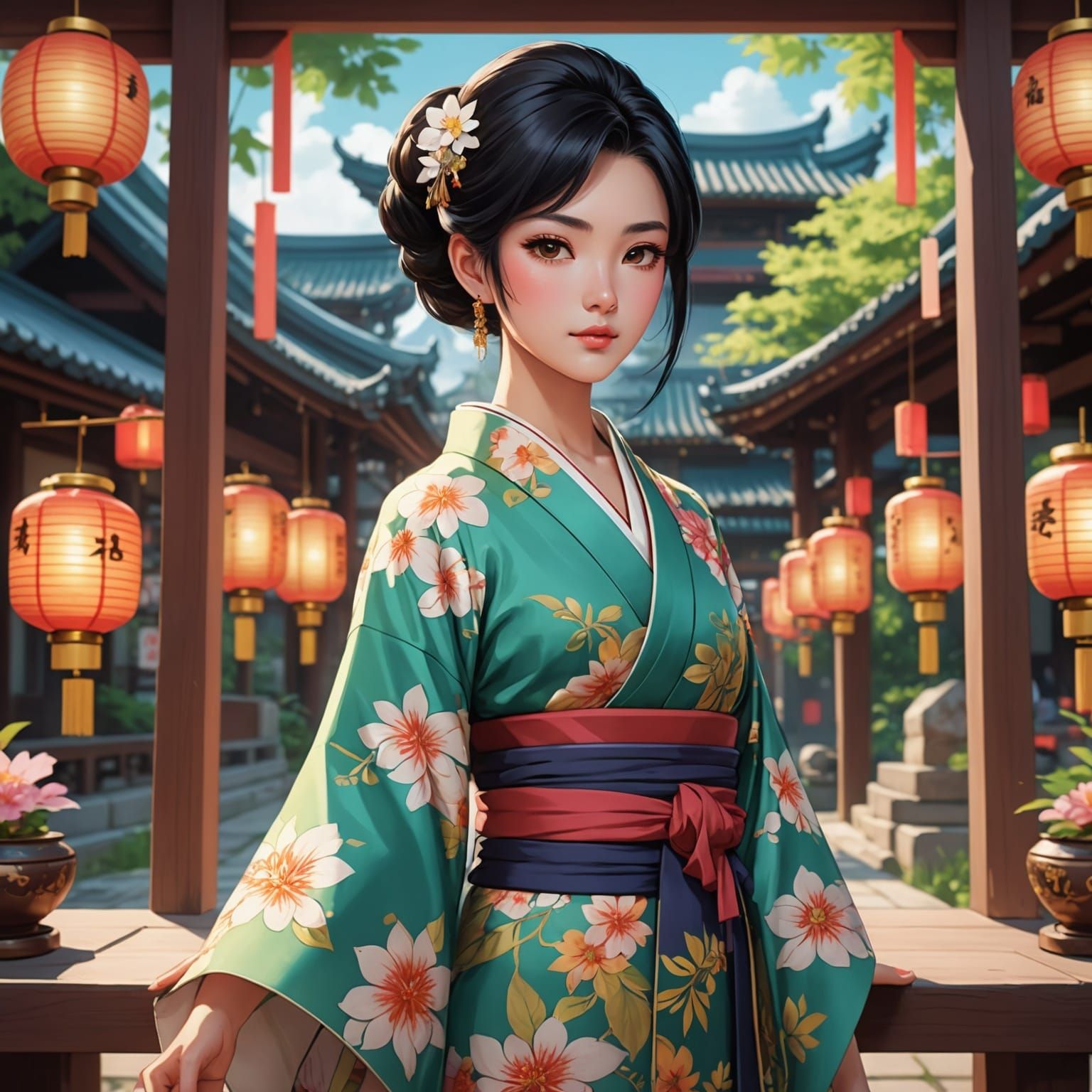 Thai Woman at Shrine Festival in Anime Style