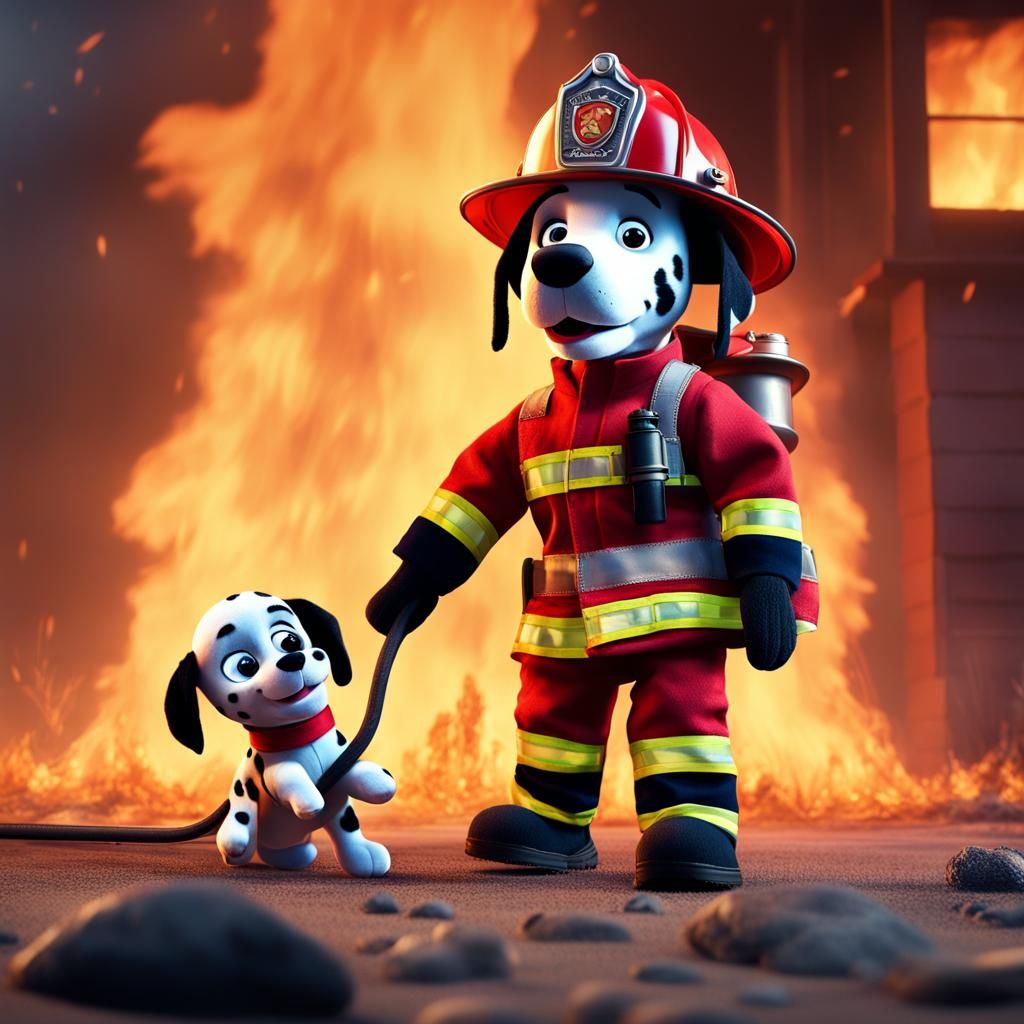 A puppet firefighter rescuing a plush toy from a pretend fire." - Resembles a brave Dalmatian dog like the character Mar...