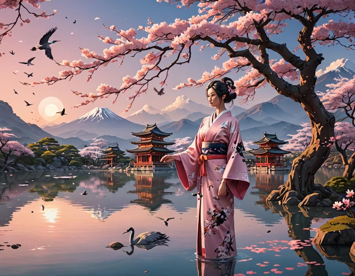 Sakura Tree and Girl in Kimono, Anime Style