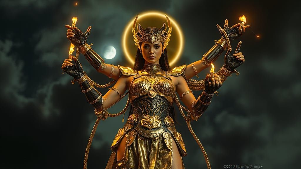 Cyberpunk Goddess Sheva with Swords and Chrome Armor