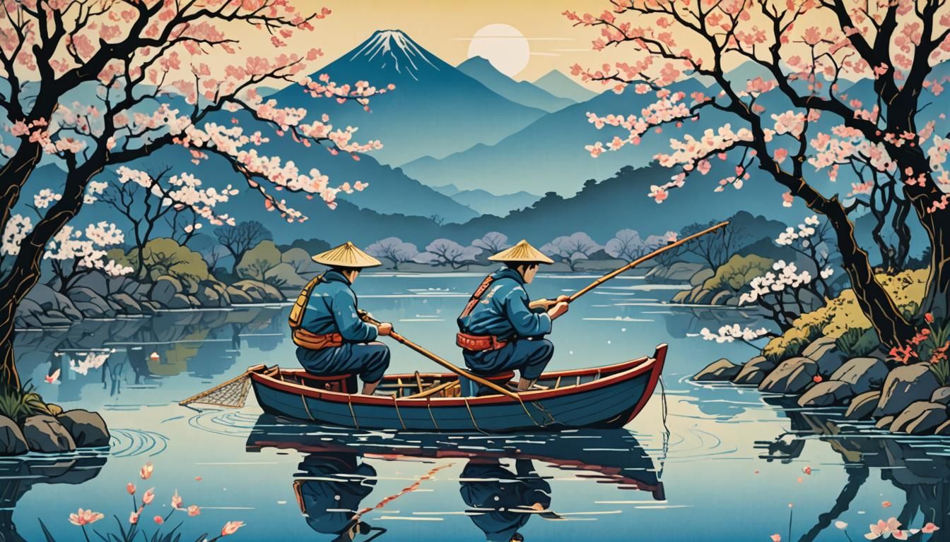 Fisherman on River in Ukiyo-e Screen Print Style