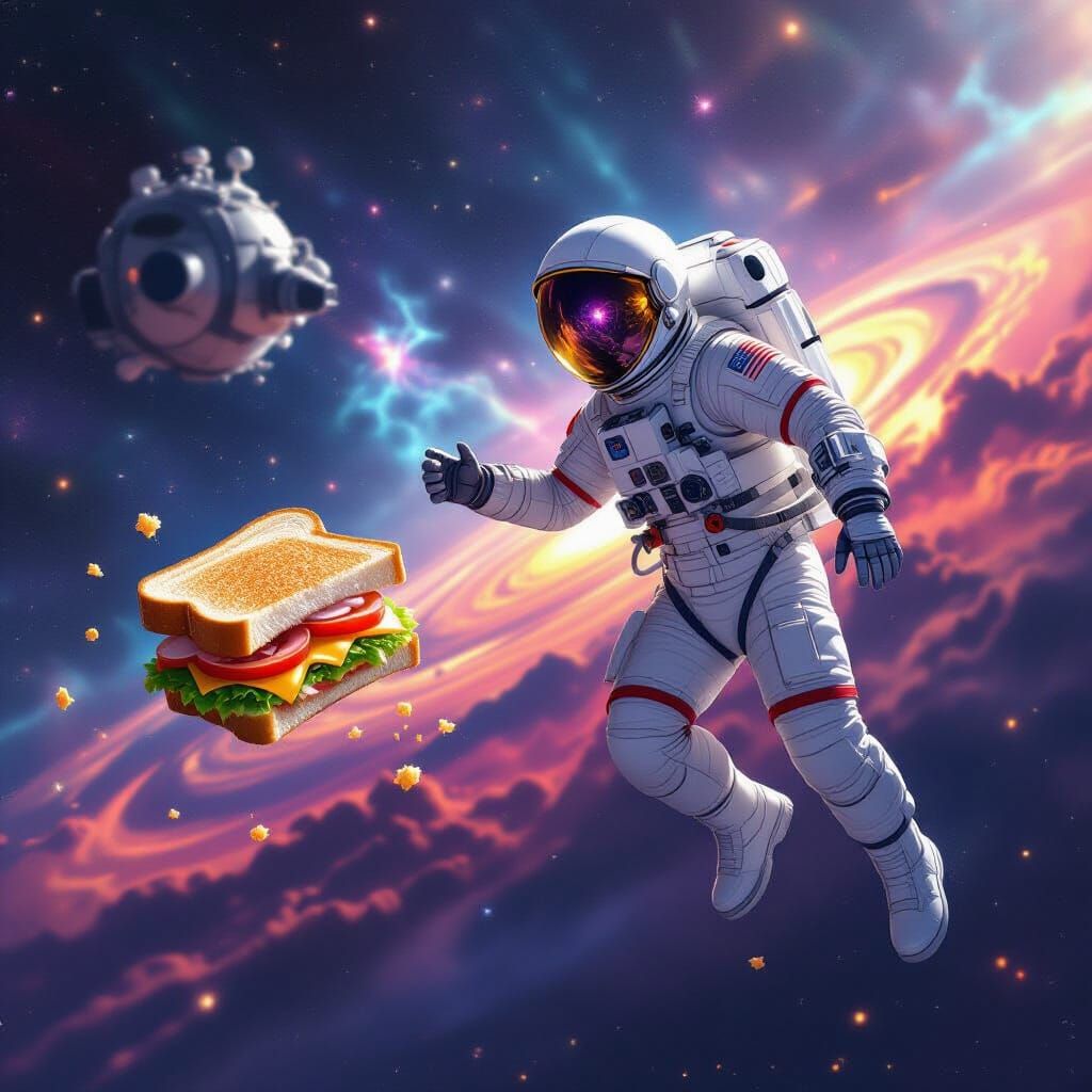 Astronaut Chases Floating Sandwich in Vibrant Space