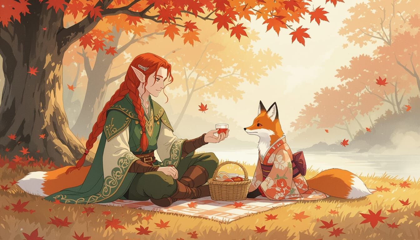 Elf and Fox Picnic Under Autumn Maples in Anime Style