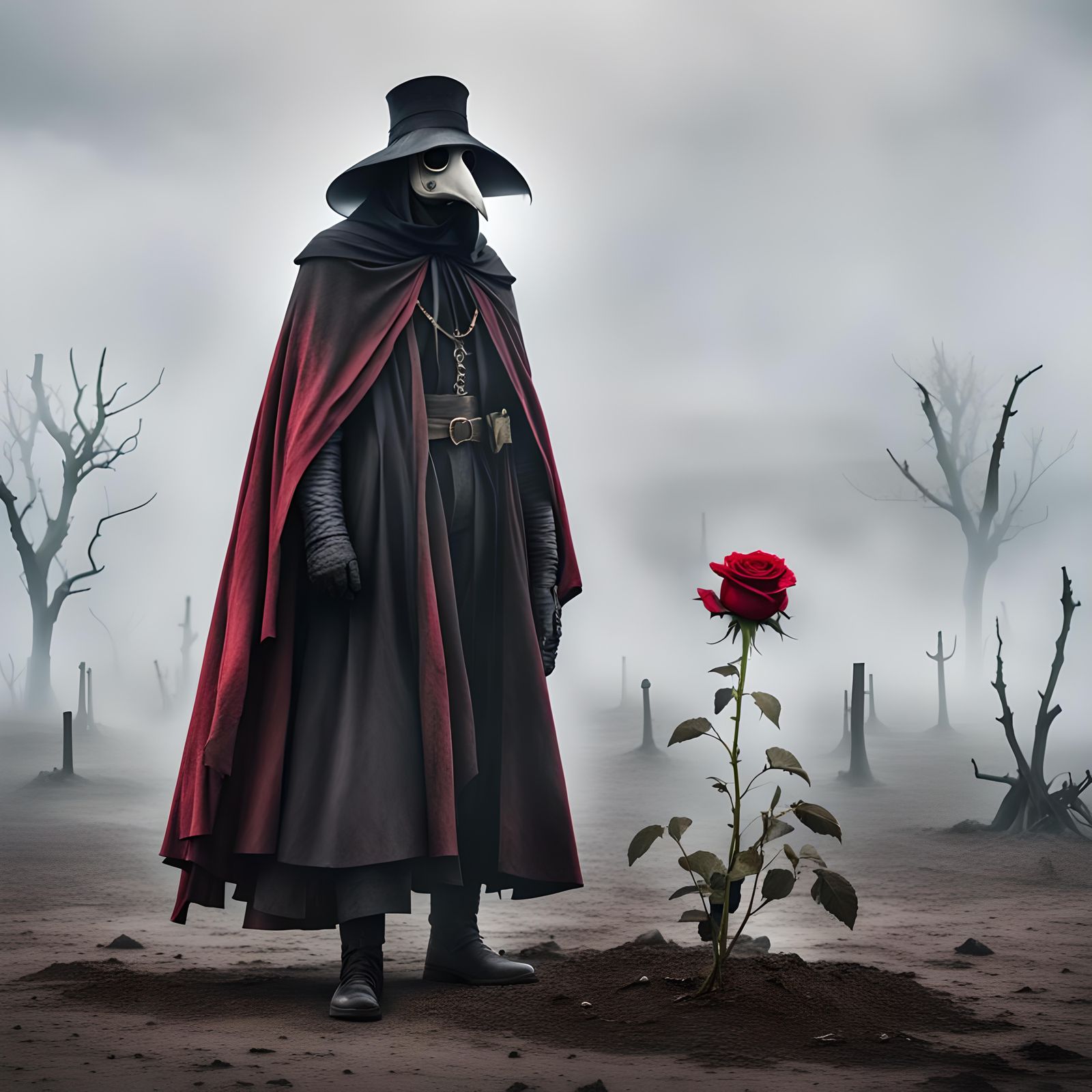 Plague Doctor in Barren Landscape with Red Rose